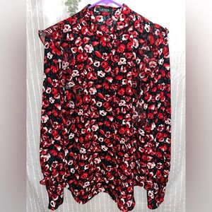 Ralph Lauren Christmas-y  Ruffled Floral Georgette Top Red XL